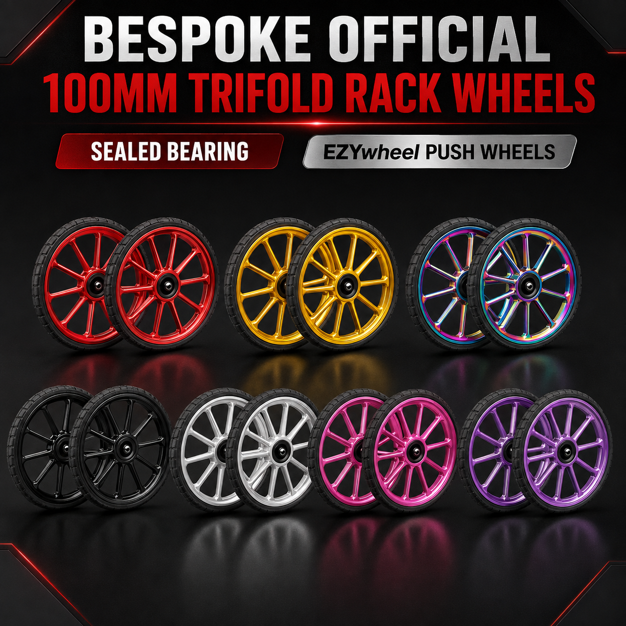 BESPOKE OFFICIAL 100mm Trifold Rack Wheels | Sealed Bearing – Ezywheel Push Wheels