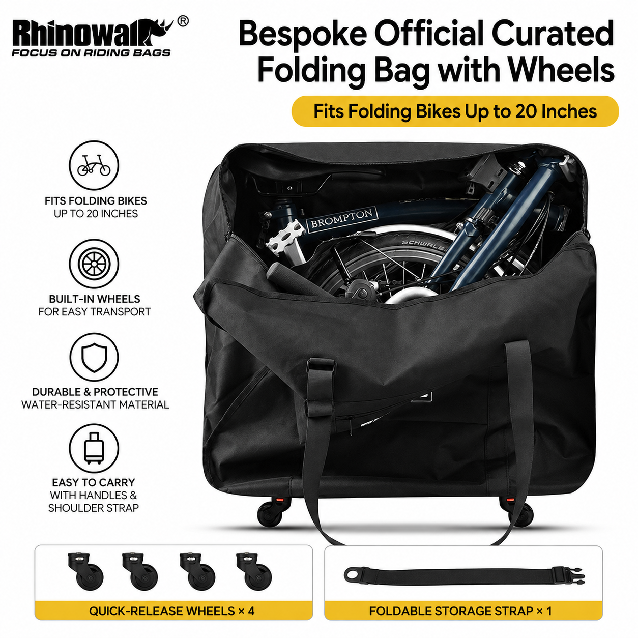 Bespoke Official Curated Rhinowalk Folding Bike Travel Bag with Wheels – Fits Folding Bicycles Up to 20 Inch