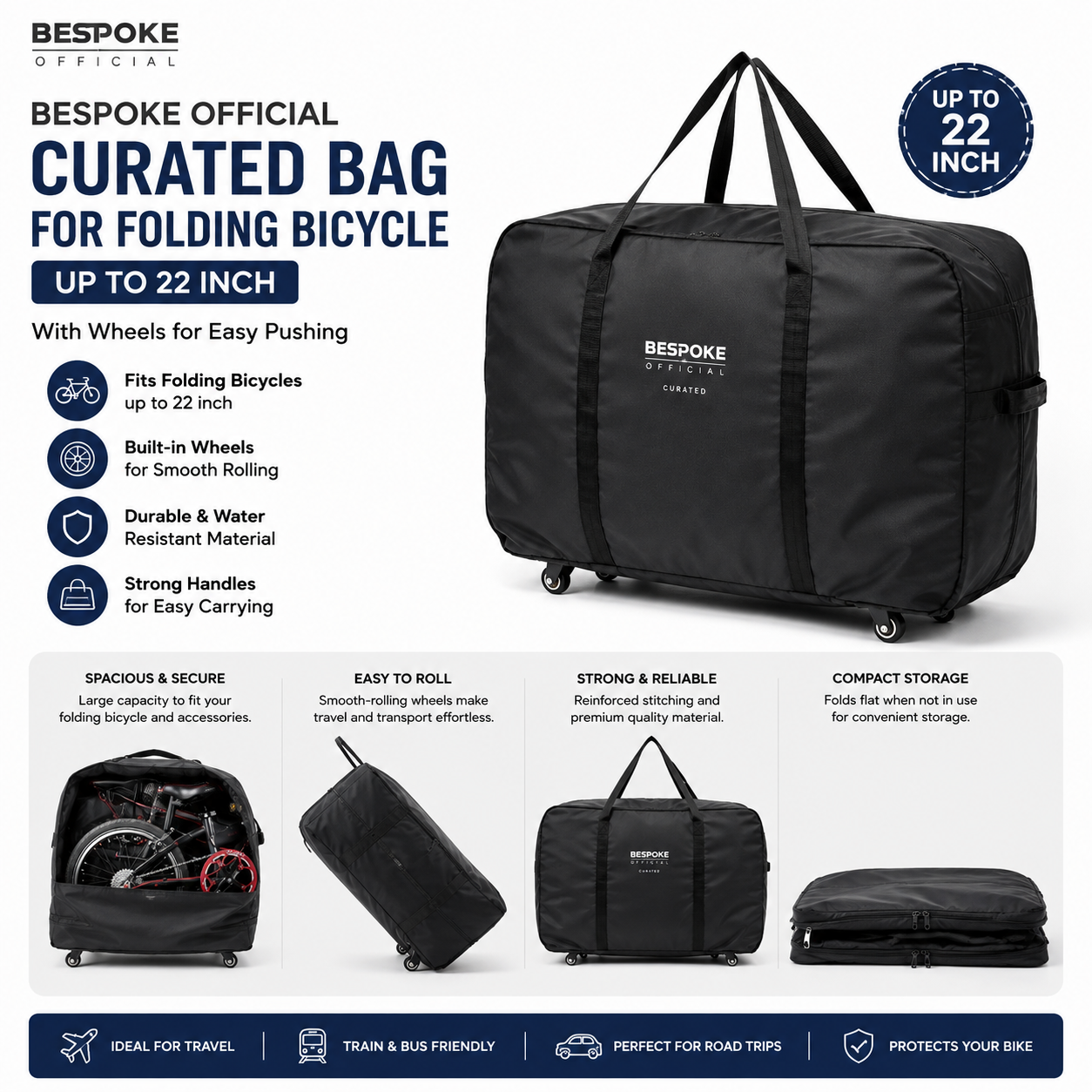 Bespoke Official Curated Folding Bicycle Travel Bag with Wheels – Fits Folding Bikes Up to 22 Inch