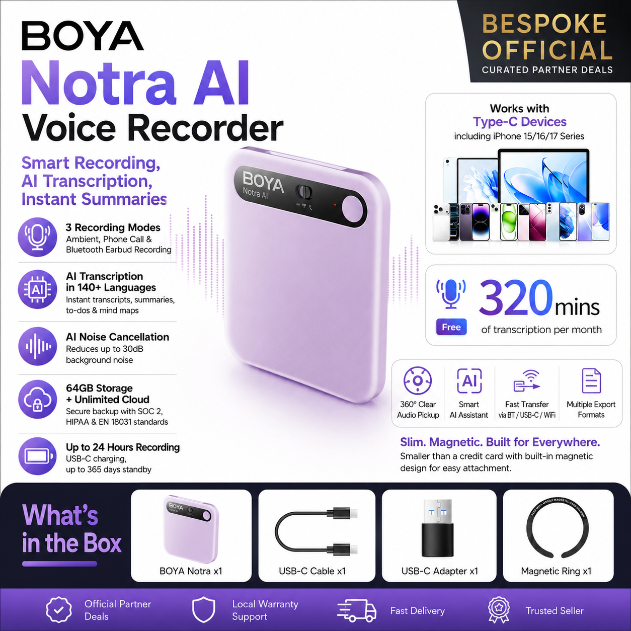 BOYA Notra AI Voice Recorder | Smart Recording, AI Transcription & Instant Summaries (Purple)