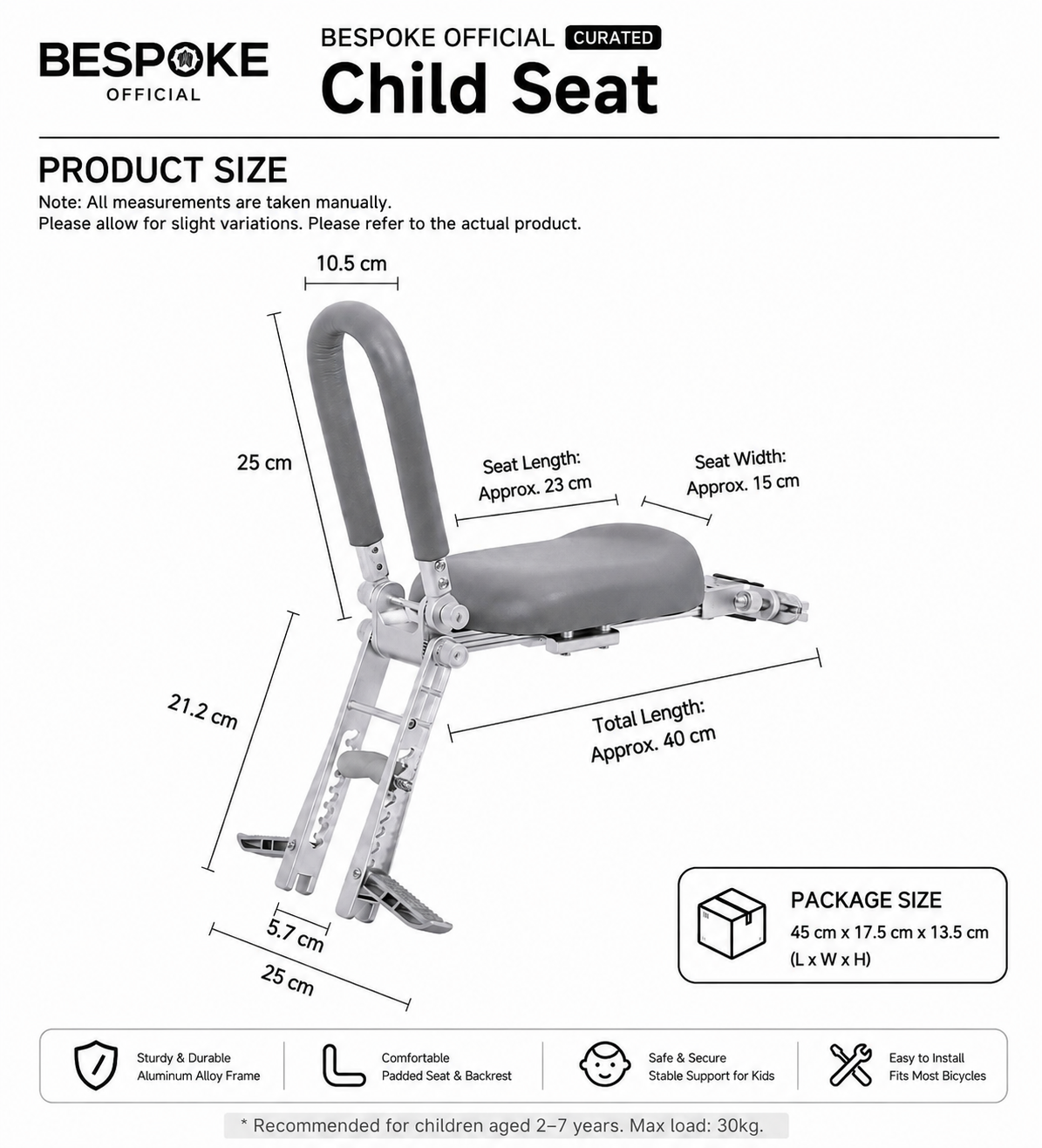 BESPOKE OFFICIAL CURATED Child Seat – Adjustable Folding Bicycle Rear Child Seat with Padded Seat & Backrest