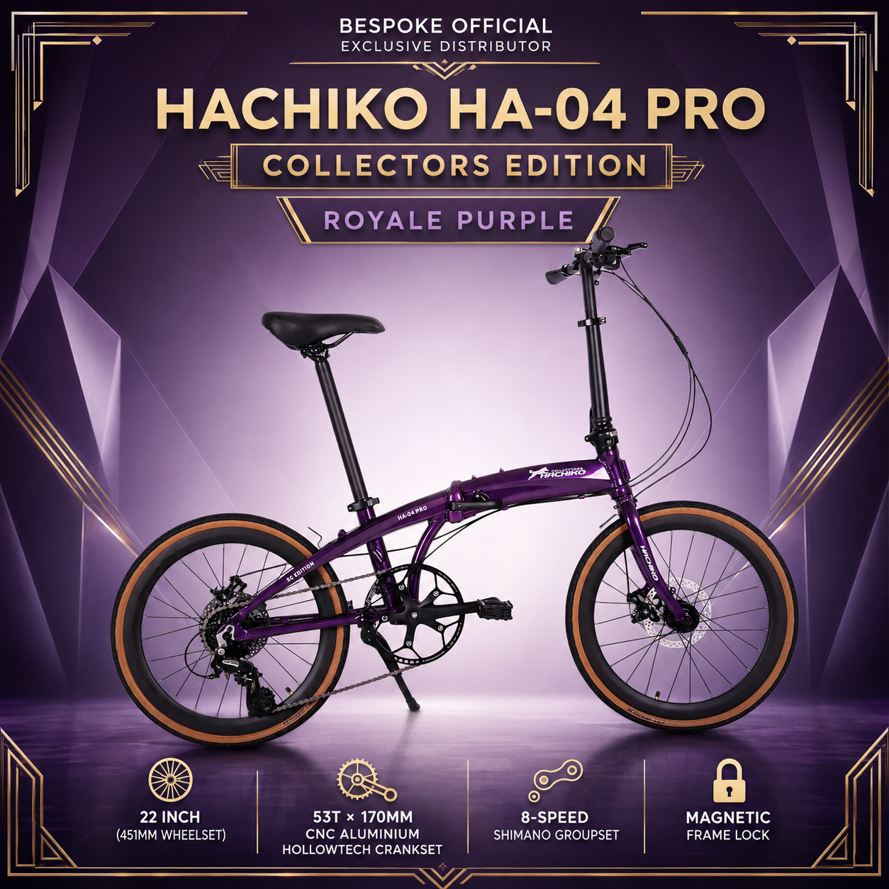 🔥2026 Hachiko HA-04 PRO COLLECTORS EDITION | Aluminium Foldable Bicycle | (22 Inch) 451mm Quick Release Wheel | Royale Purple
