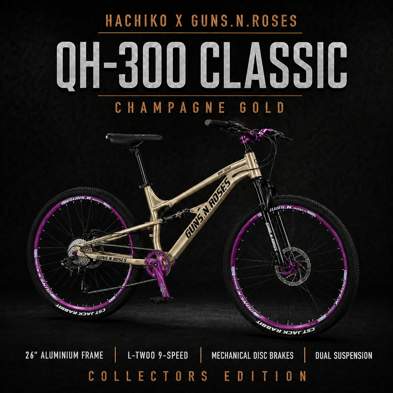 HACHIKO QH-300 26” Mountain Bike – Guns N Roses Series | Mechanical Disc Brakes | Dual Suspension | 9 Speed LT WOO