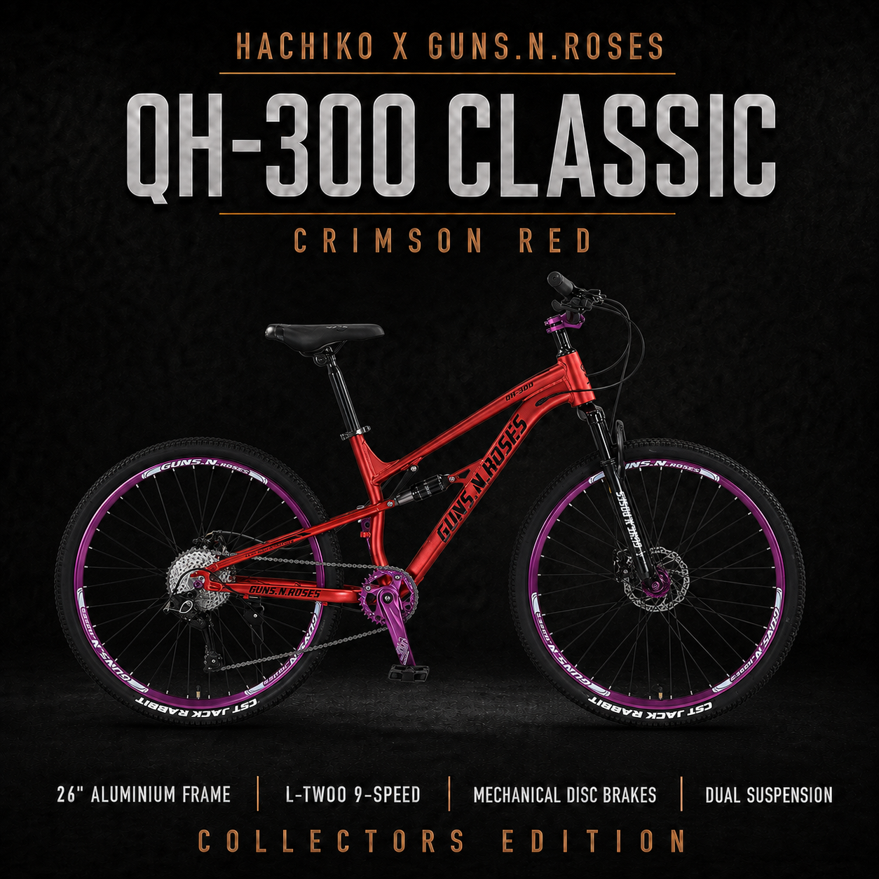 HACHIKO QH-300 26” Mountain Bike – Guns N Roses Series | Mechanical Disc Brakes | Dual Suspension | 9 Speed LT WOO