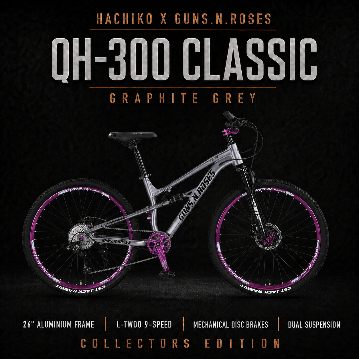 HACHIKO QH-300 26” Mountain Bike – Guns N Roses Series | Mechanical Disc Brakes | Dual Suspension | 9 Speed LT WOO