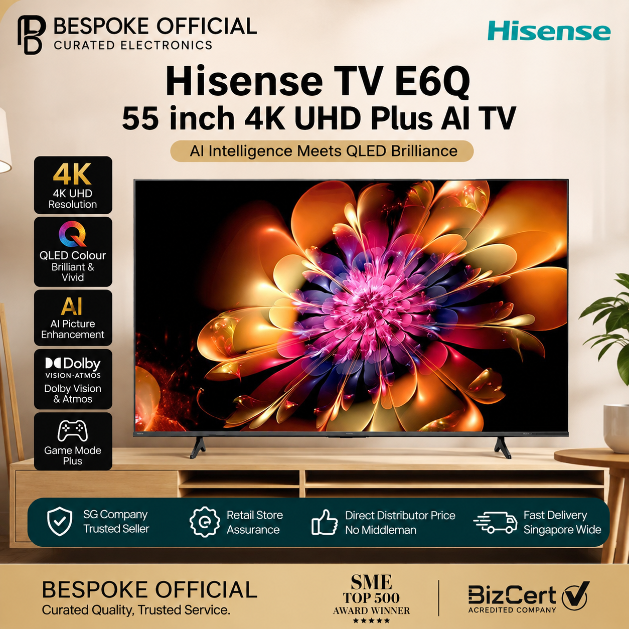 Hisense E6Q 55-Inch 4K UHD Plus AI TV | Dolby Vision & Audio | DTS Virtual | MEMC | Last Set