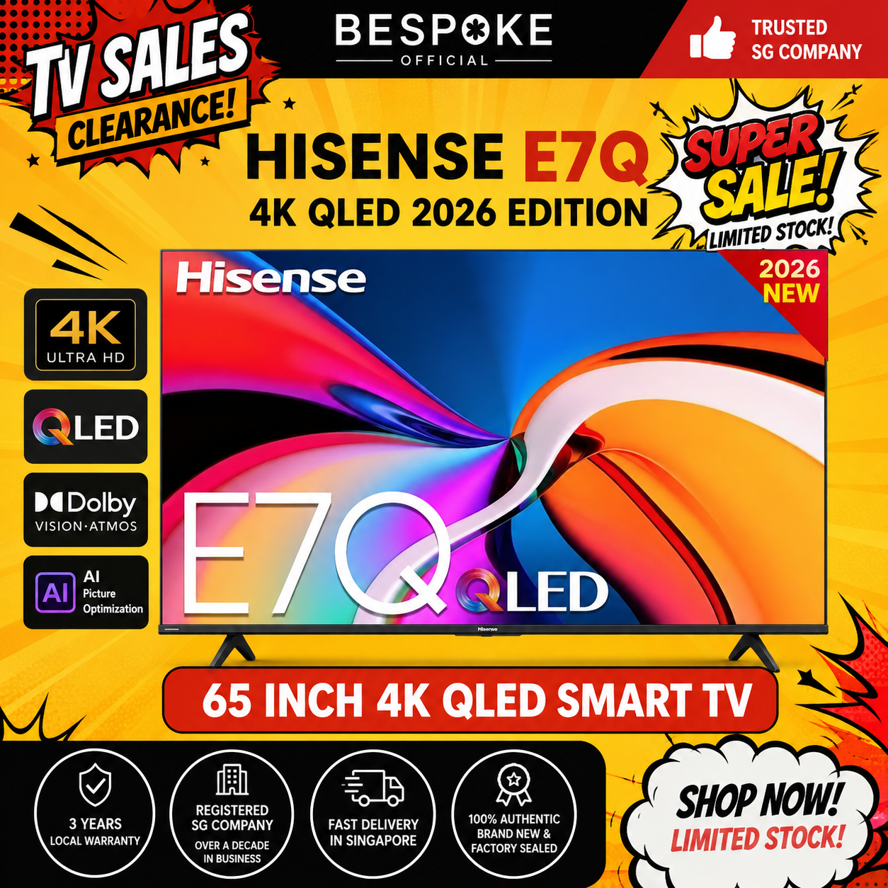 HISENSE E7Q 65" 4K QLED Max Smart TV | Brand New + 3 Years Warranty | Final Set