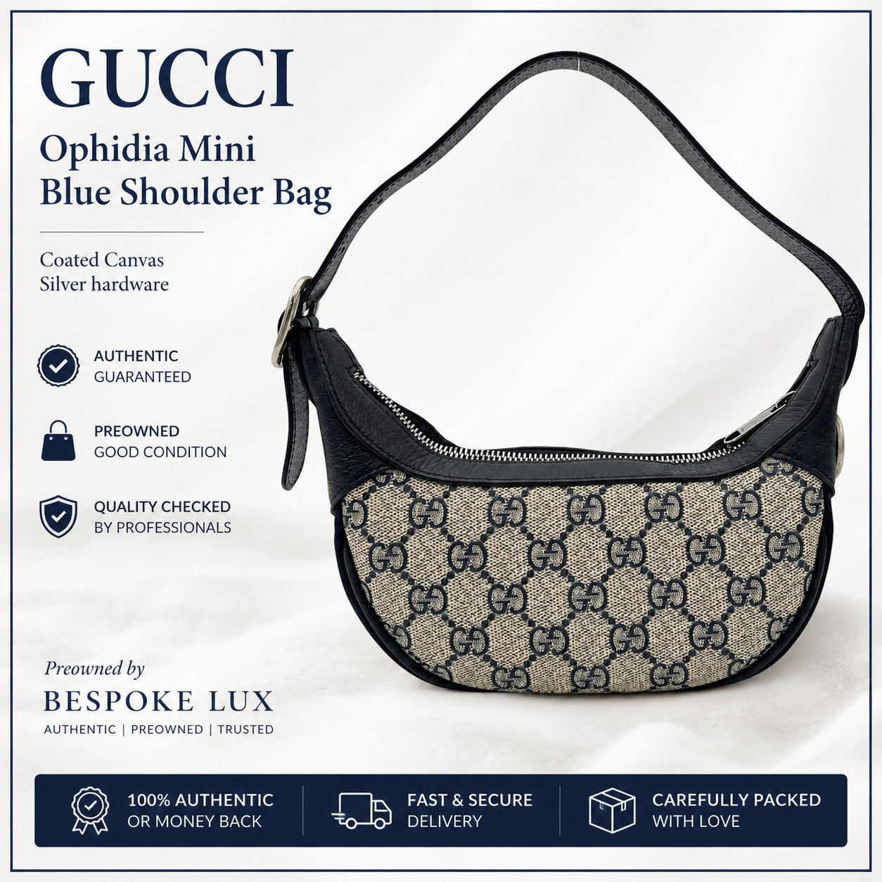 Gucci Ophidia Mini Blue Shoulder Bag – Coated Canvas, Silver Hardware (Pre-Owned)