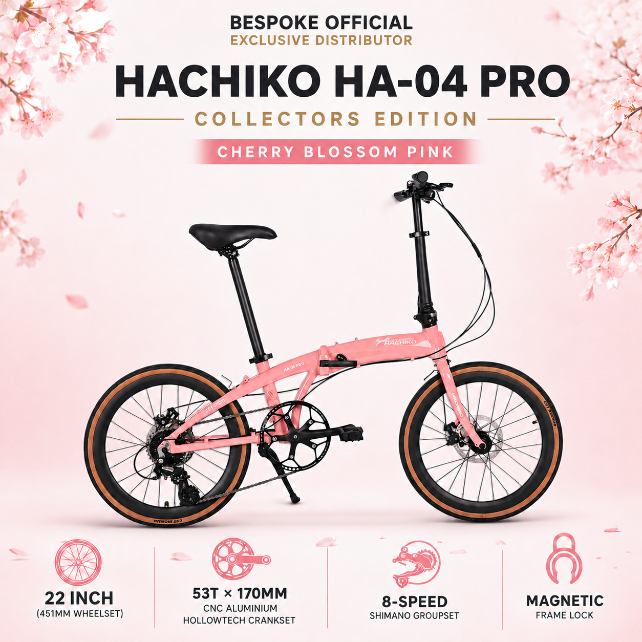 🔥2026 Hachiko HA-04 PRO COLLECTORS EDITION | Aluminium Foldable Bicycle | (22 Inch) 451mm Quick Release Wheel | Cherry Blossom Pink