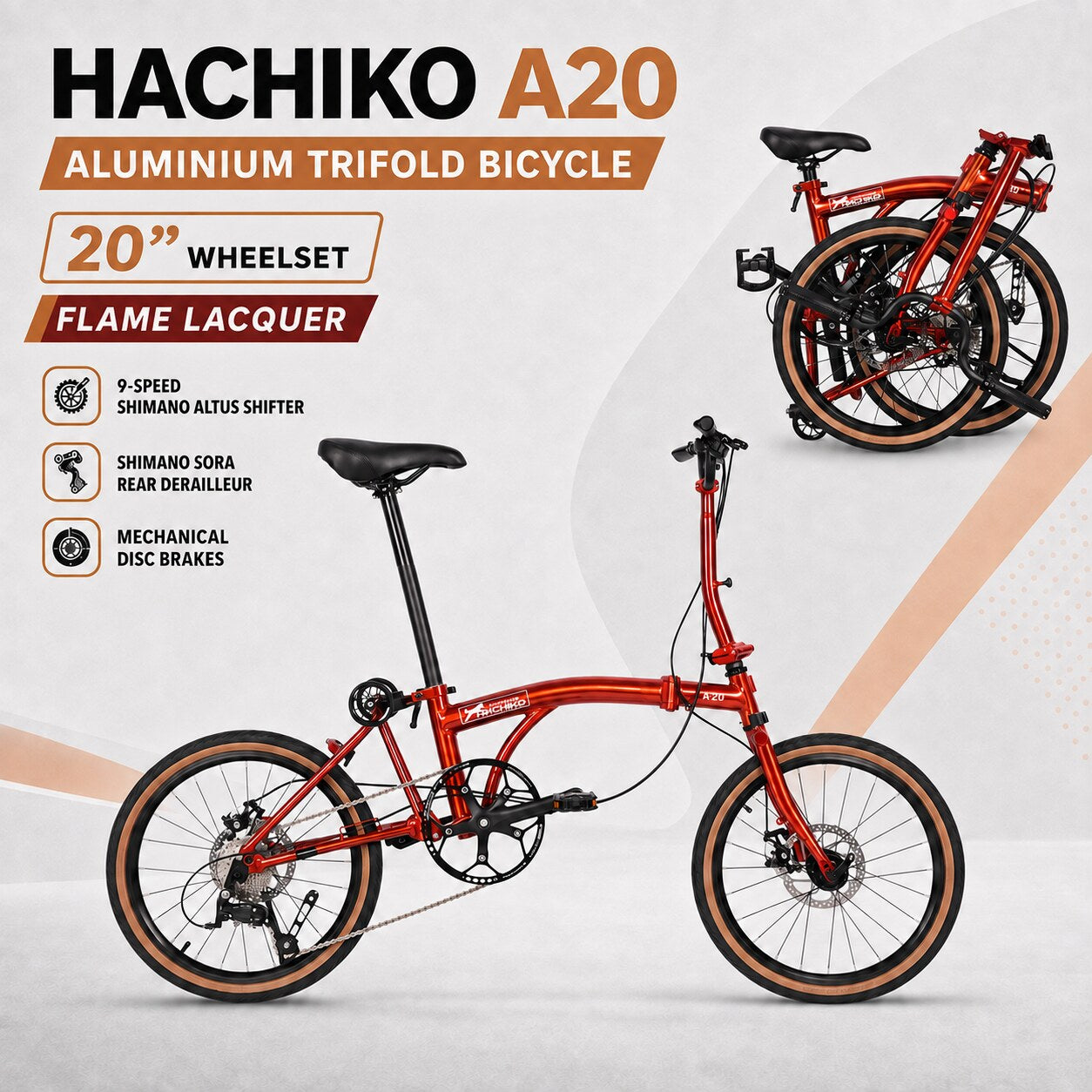 🔥2026 Signature Edition | Hachiko A20 Aluminium Trifold Bicycle | 20" Wheelset - Mechanical Disc Brakes | Flame Lacquer