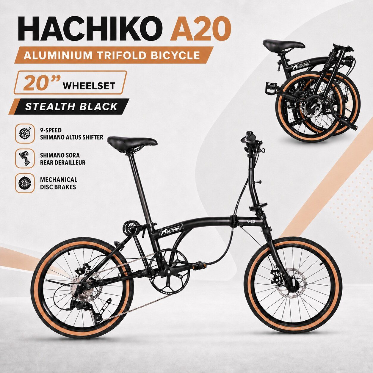 🔥2026 Signature Edition | Hachiko A20 Aluminium Trifold Bicycle | 20" Wheelset - Mechanical Disc Brakes | Stealth Black