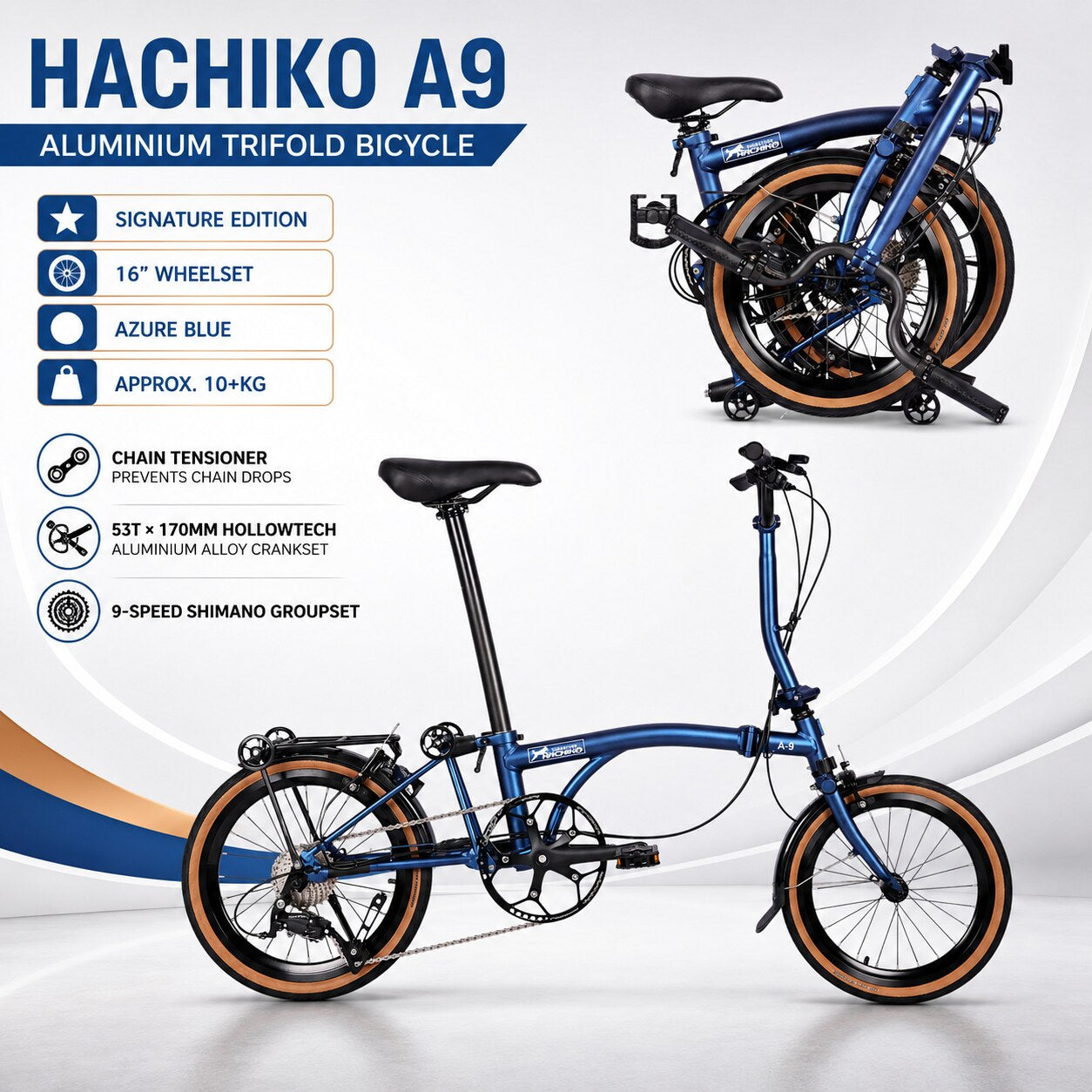 🔥2026 Signature Edition | Hachiko A9 Aluminium Trifold Bicycle | 16" Wheelset | Azure Blue