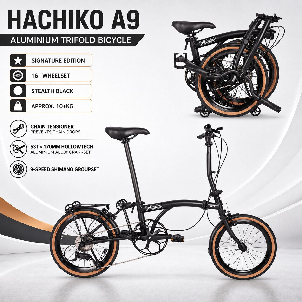 🔥2026 Signature Edition | Hachiko A9 Aluminium Trifold Bicycle | 16" Wheelset | Stealth Black