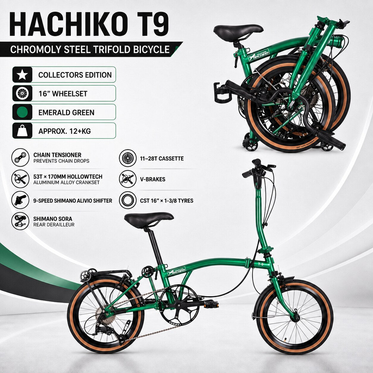 🔥 Hachiko T9 Chromoly Steel Trifold Bicycle | 16" Wheelset | 9-Spd Shimano Groupset| Emerald Green - 2026 Collectors Edition