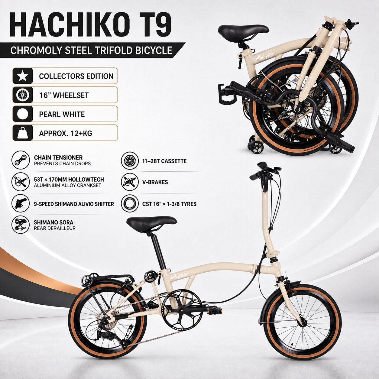 🔥 Hachiko T9 Chromoly Steel Trifold Bicycle | 16" Wheelset | 9-Spd Shimano Groupset | Pearl White - 2026 Collectors Edition