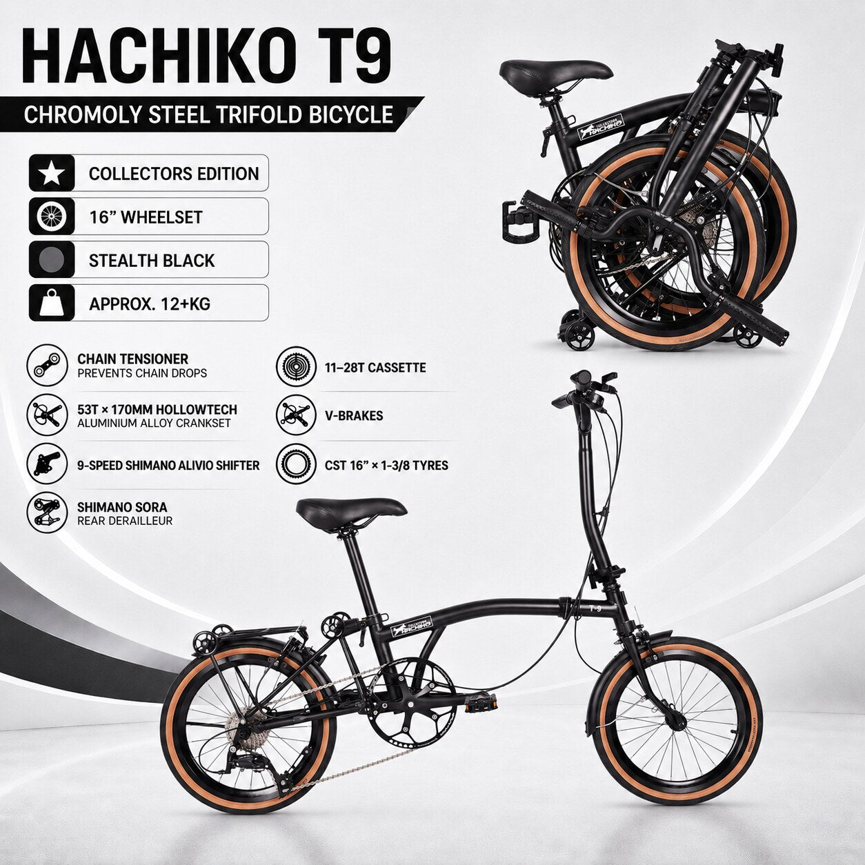 🔥Hachiko T9 Chromoly Steel Trifold Bicycle | 16" Wheelset | 9-Spd Shimano Groupset | Stealth Black - 2026 Collectors Edition