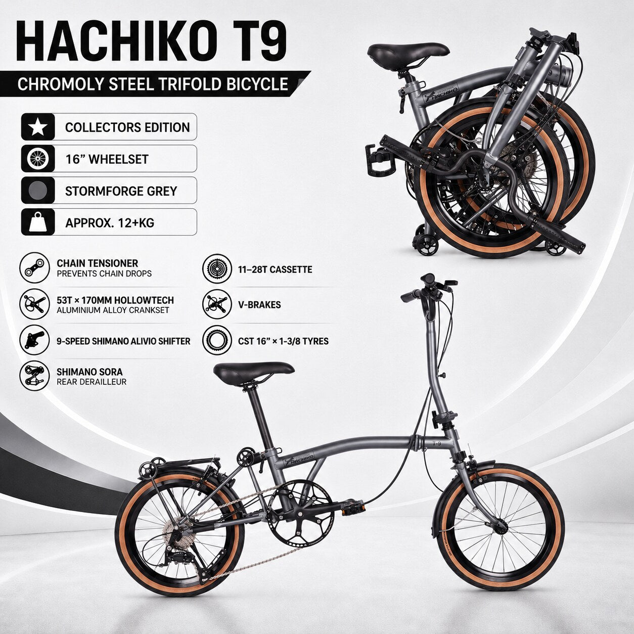 🔥Hachiko T9 Chromoly Steel Trifold Bicycle | 16" Wheelset | 9-Spd Shimano Groupset | Stormforge Grey - 2026 Collectors Edition