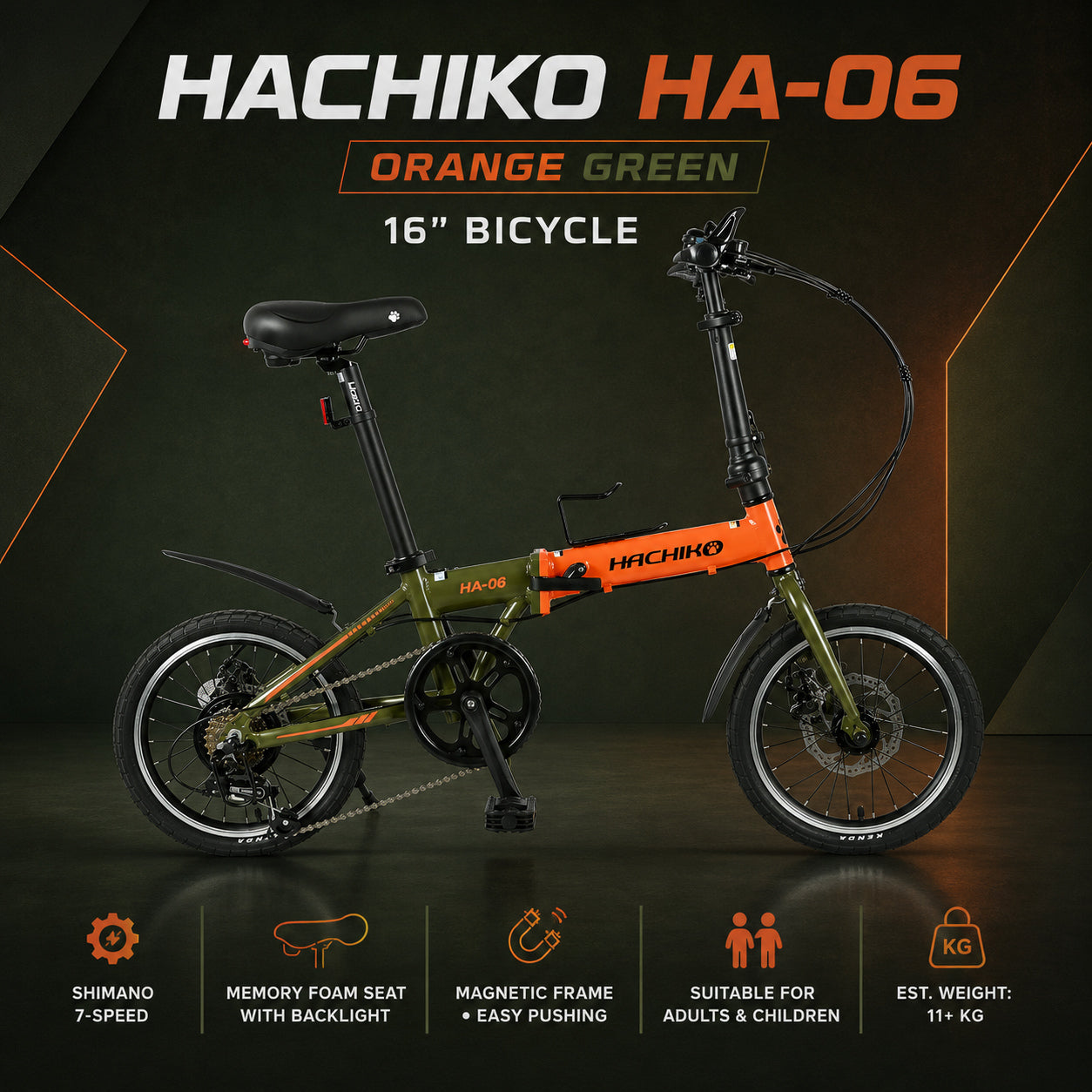 HACHIKO HA-06 16” Aluminium Foldable Bicycle | Shimano 7-Speed | Magnetic Folding Frame | Adults & Children