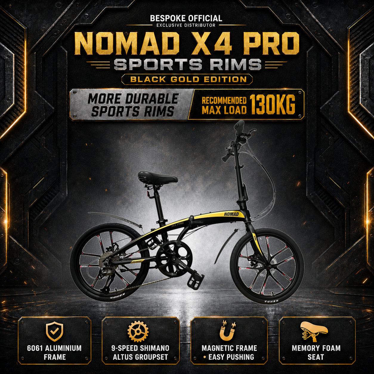 🔥NOMAD X4 PRO Sports Rims Foldable Bicycle | 9 Speed Shimano Altus Groupset | 6061 Aluminium Grade Foldable Bicycle | (20 Inch) 406mm Quick Release Wheel | Singapore Brand🔥