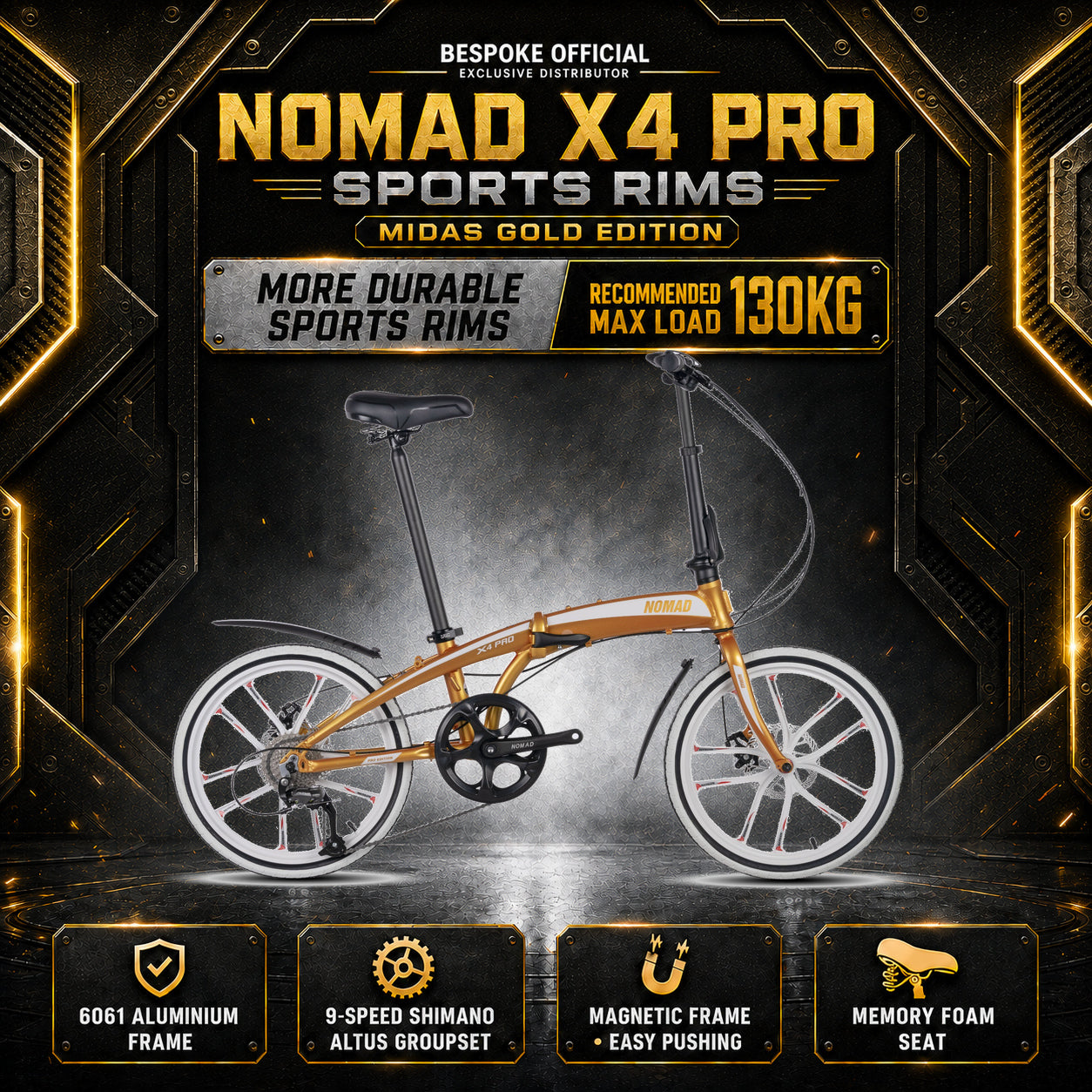 🔥NOMAD X4 PRO Sports Rims Foldable Bicycle | 9 Speed Shimano Altus Groupset | 6061 Aluminium Grade Foldable Bicycle | (20 Inch) 406mm Quick Release Wheel | Singapore Brand🔥