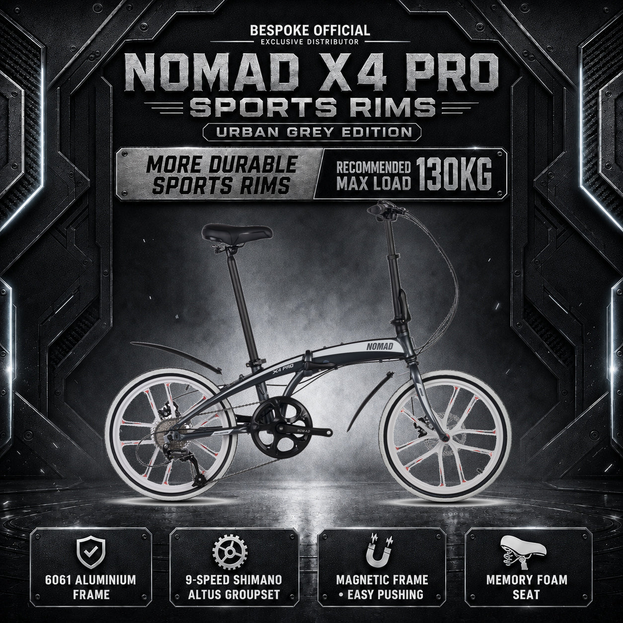 🔥NOMAD X4 PRO Sports Rims Foldable Bicycle | 9 Speed Shimano Altus Groupset | 6061 Aluminium Grade Foldable Bicycle | (20 Inch) 406mm Quick Release Wheel | Singapore Brand🔥