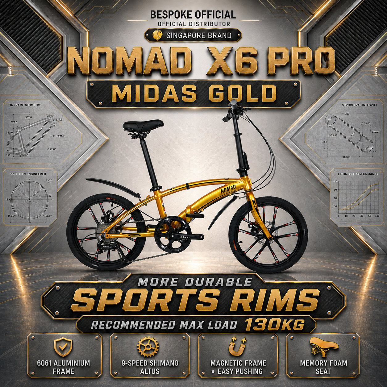 🔥 Nomad X6 PRO Sports Rims Edition | 9-Speed Shimano Altus | 6061 Aluminium Foldable Bicycle | 20-Inch 406mm Quick Release Wheels | Singapore Brand 🔥