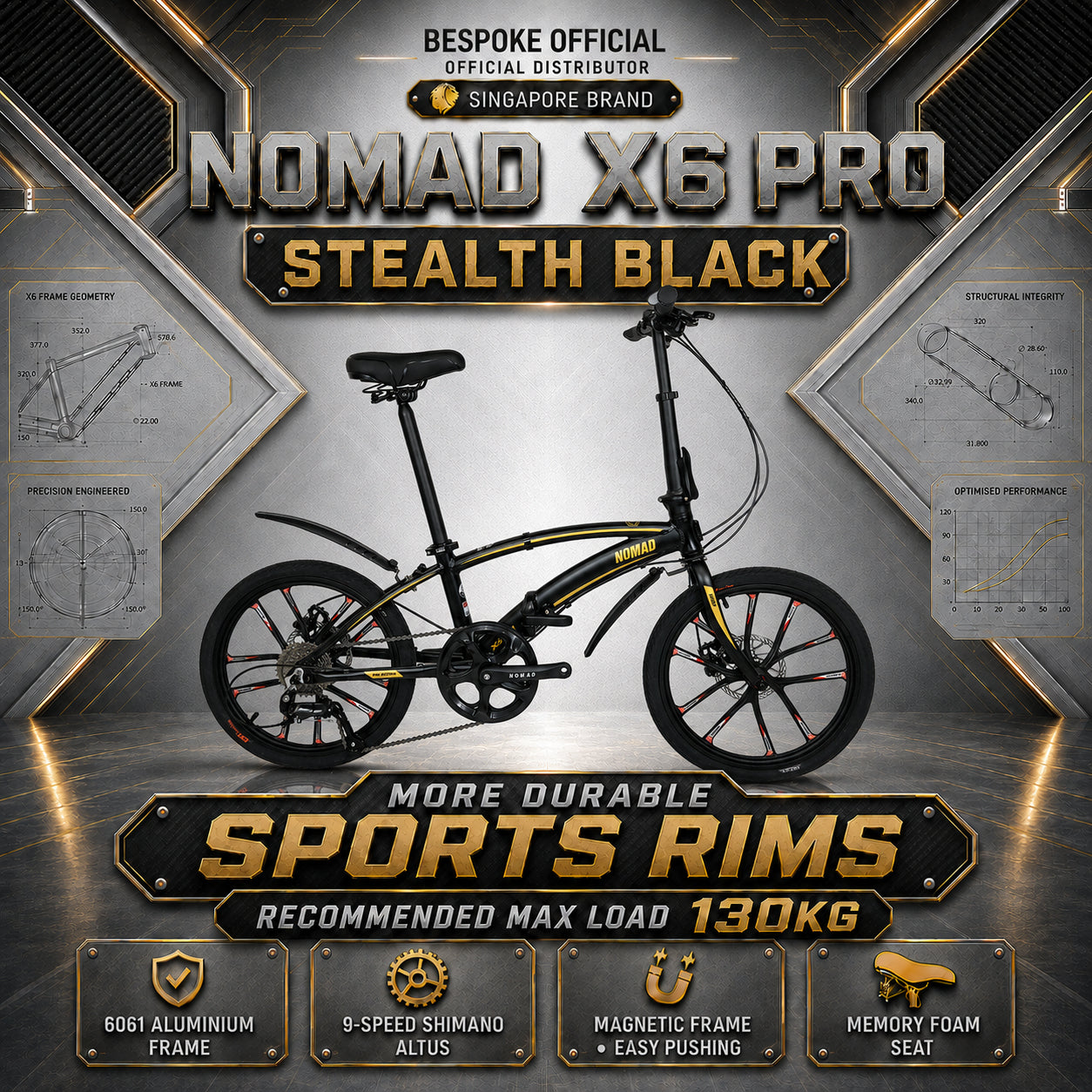 🔥 Nomad X6 PRO Sports Rims Edition | 9-Speed Shimano Altus | 6061 Aluminium Foldable Bicycle | 20-Inch 406mm Quick Release Wheels | Singapore Brand 🔥