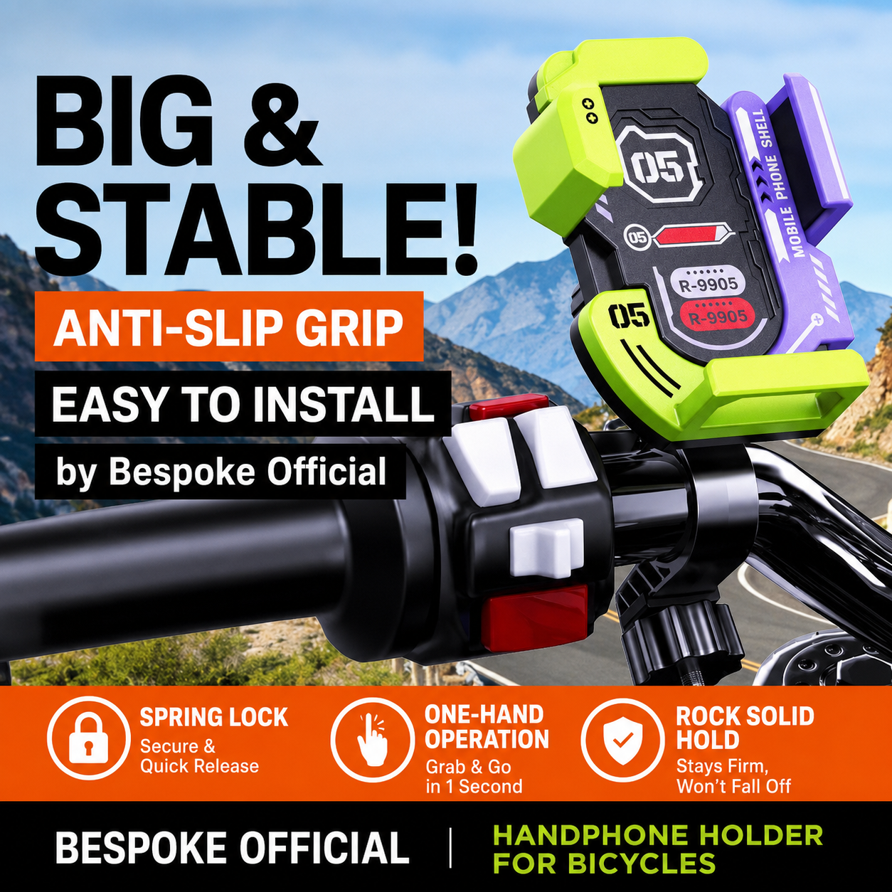 Universal Handphone Holder for Bicycles – Anti-Slip, One-Hand Operation, Secure Lock