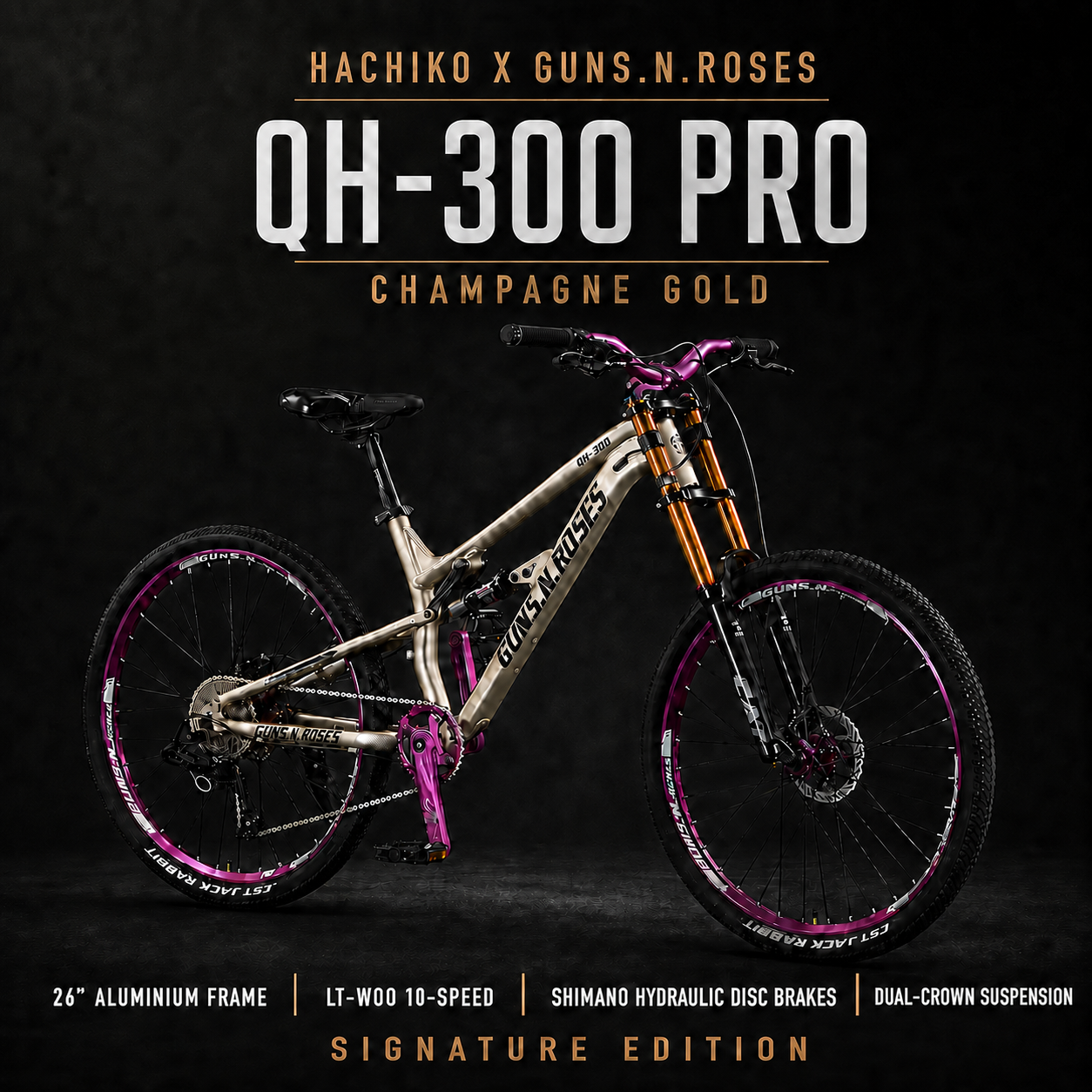 HACHIKO QH-300 PRO 26” Mountain Bike – Guns N Roses Series | Shimano Hydraulic Brakes | Dual Crown Fork | 10-Speed