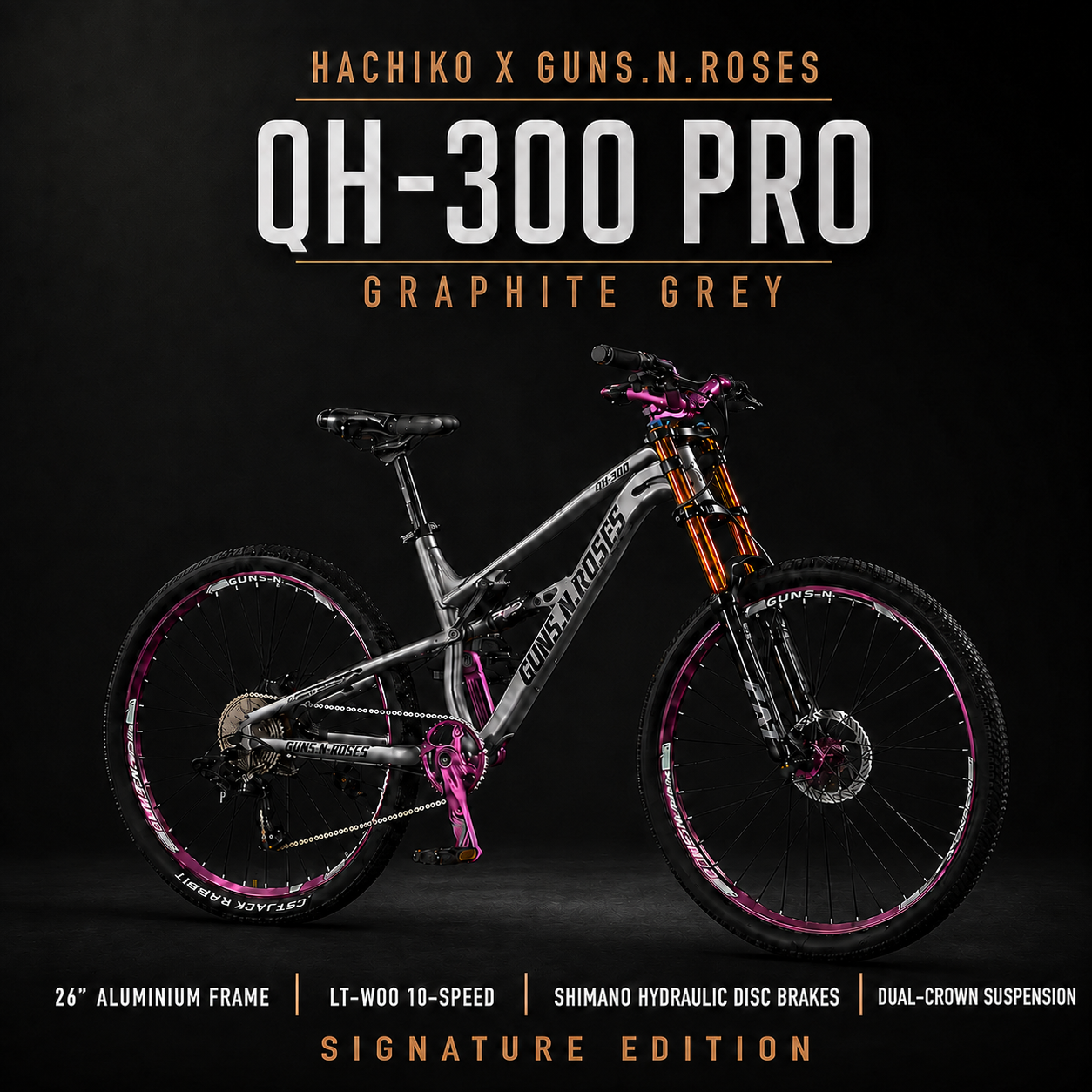 HACHIKO QH-300 PRO 26” Mountain Bike – Guns N Roses Series | Shimano Hydraulic Brakes | Dual Crown Fork | 10-Speed