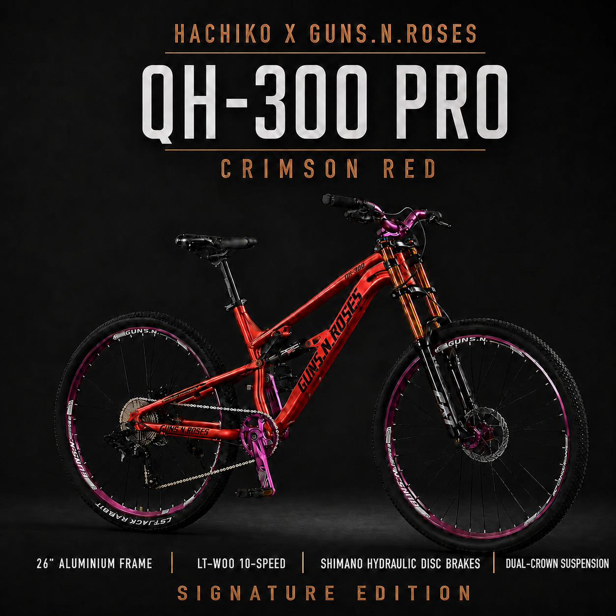 HACHIKO QH-300 PRO 26” Mountain Bike – Guns N Roses Series | Shimano Hydraulic Brakes | Dual Crown Fork | 10-Speed