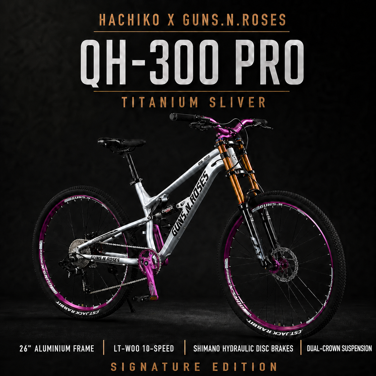 HACHIKO QH-300 PRO 26” Mountain Bike – Guns N Roses Series | Shimano Hydraulic Brakes | Dual Crown Fork | 10-Speed