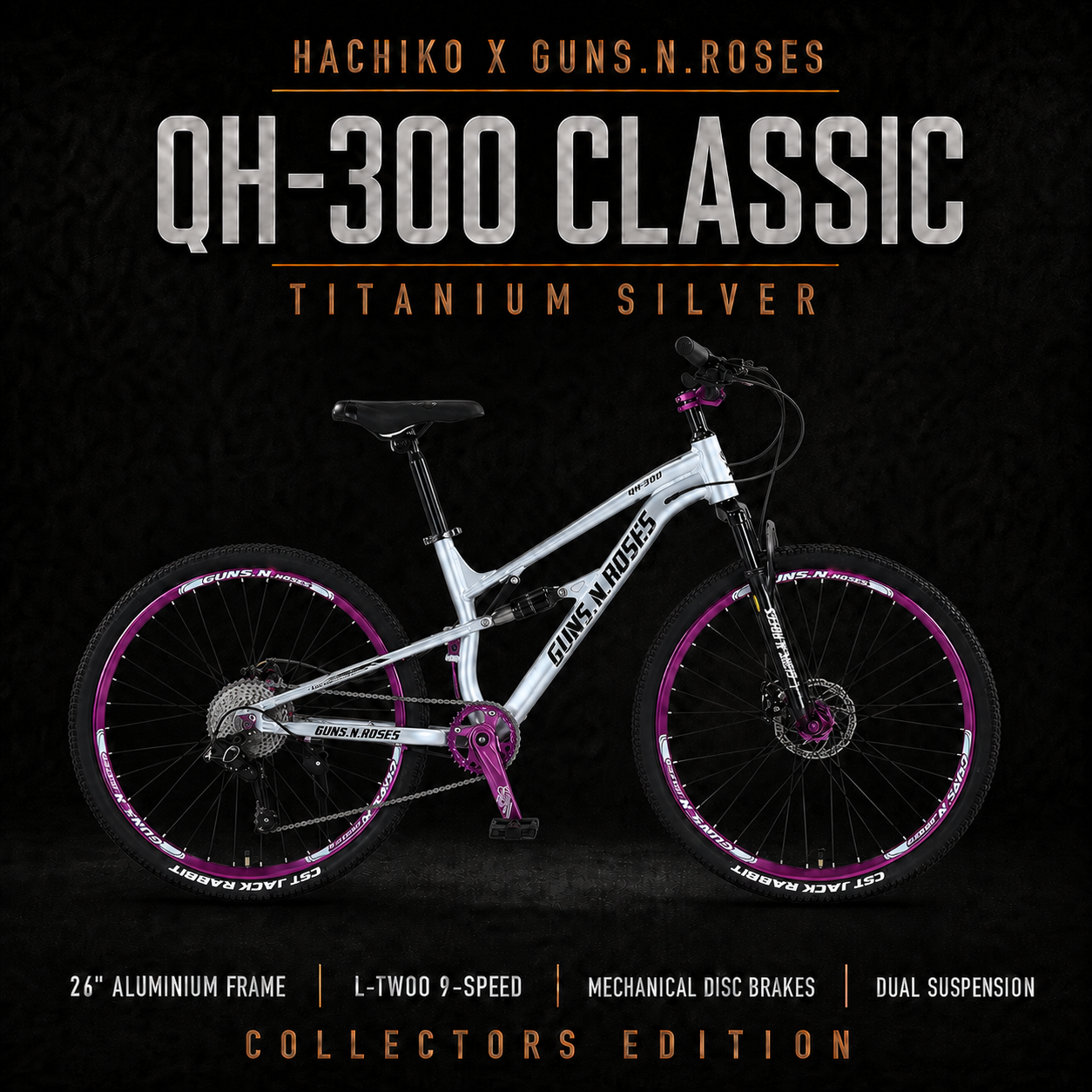 HACHIKO QH-300 26” Mountain Bike – Guns N Roses Series | Mechanical Disc Brakes | Dual Suspension | 9 Speed LT WOO