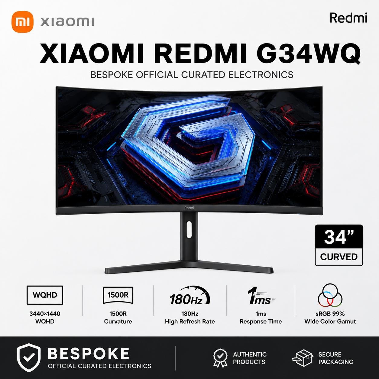 Xiaomi Redmi G34WQ 34-inch Ultra-Wide Curved Gaming Monitor (Export Set)
