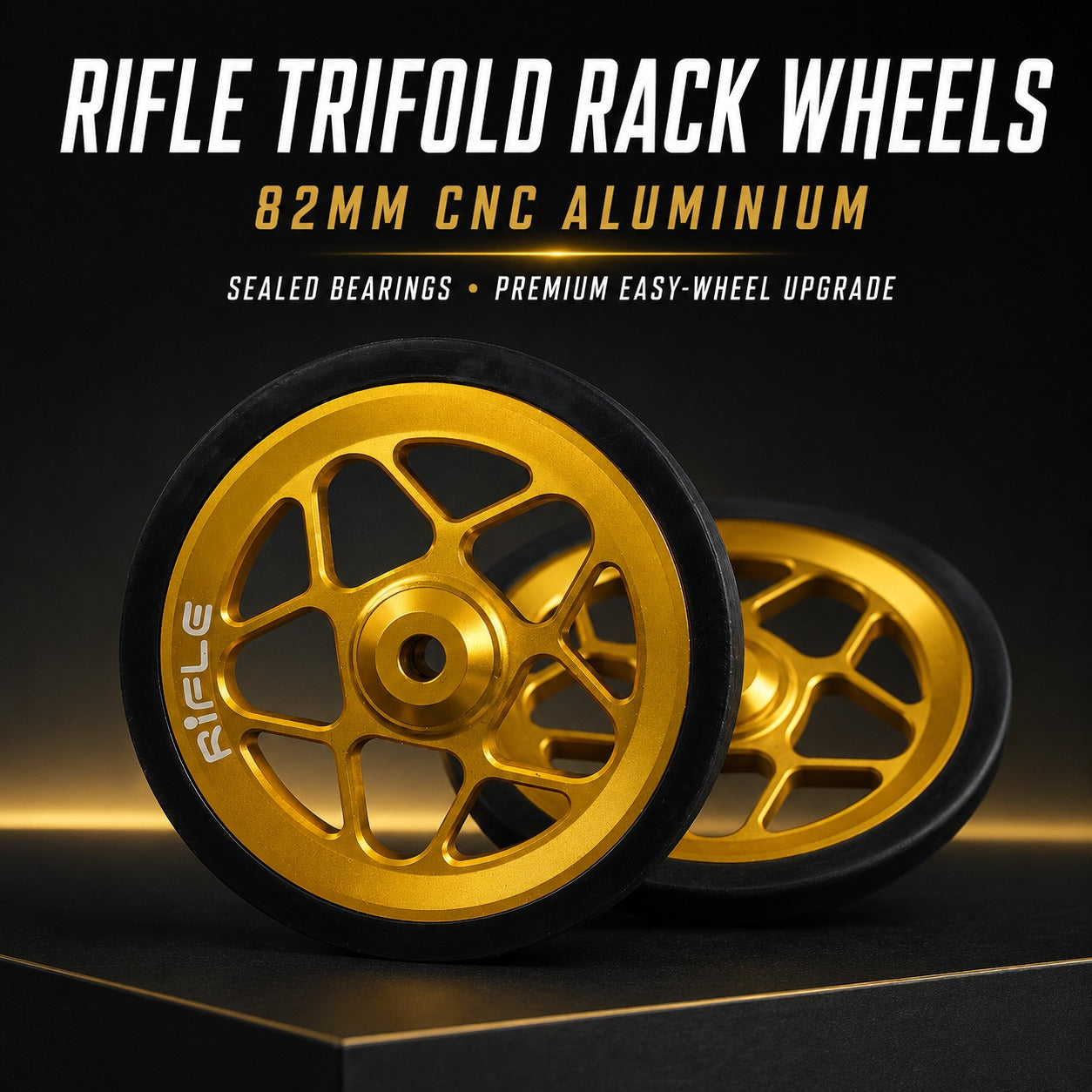 Rifle Proprietary Trifold Rack Wheels | 82mm CNC Aluminium | Sealed Bearings | Premium Easy-Wheel Upgrade