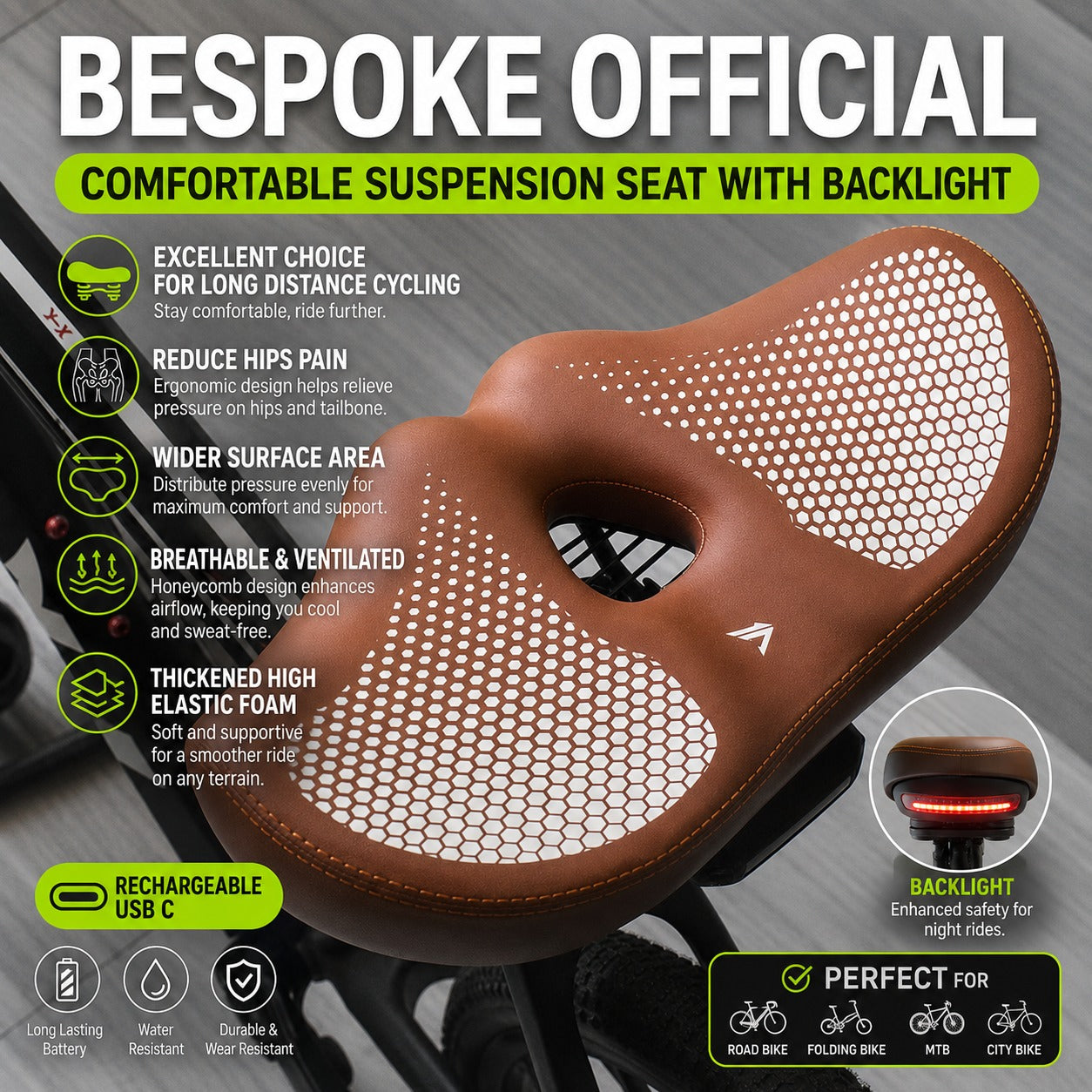 Ergonomic Suspension Bicycle Seat with USB-C Backlight - Coffee Brown