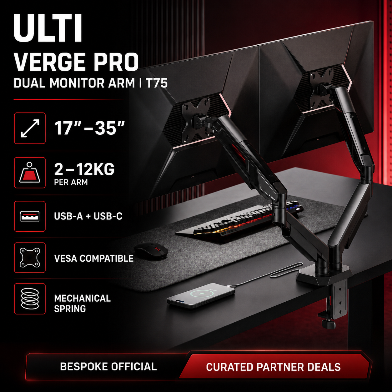 ULTI Verge Pro T75 Dual Monitor Arm | 17”–35” Screens | USB-A & USB-C Ports | Mechanical Spring | VESA Compatible