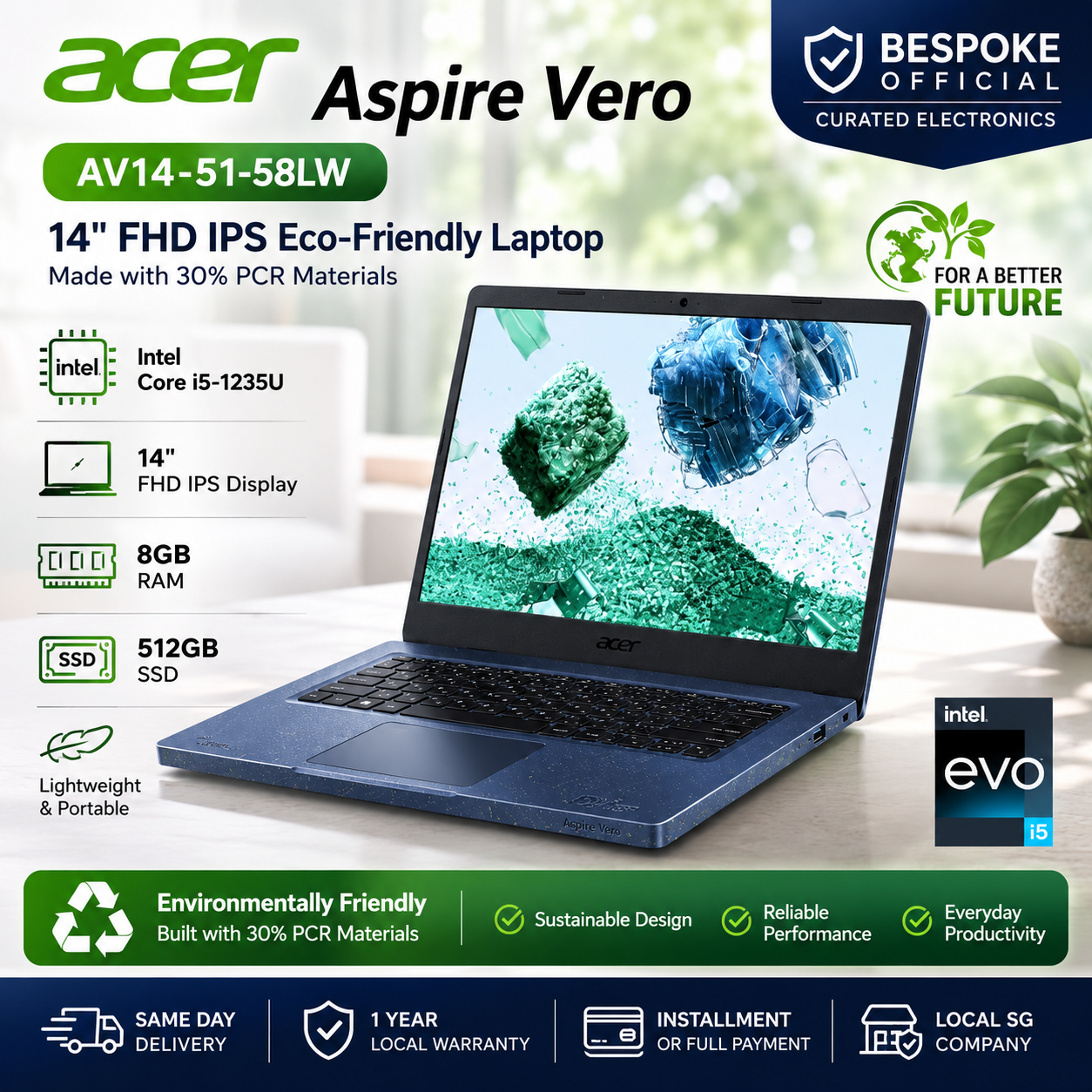 🔥Acer Aspire Vero AV14-51- 14" FHD IPS environmentally-friendly Laptop Made with 30% PCR Materials | Instalment or Full Payment🔥