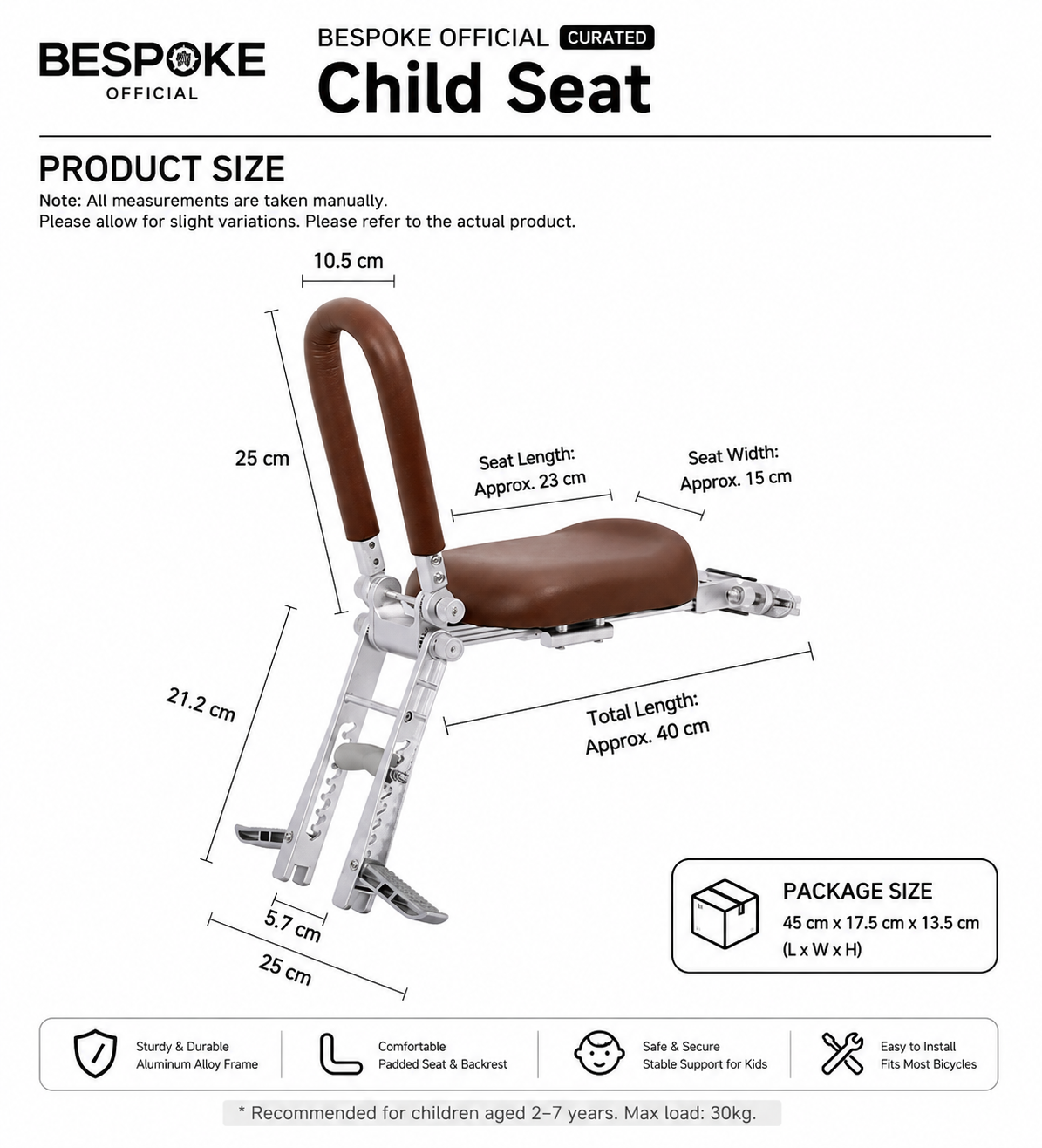 BESPOKE OFFICIAL CURATED Child Seat – Adjustable Folding Bicycle Rear Child Seat with Padded Seat & Backrest