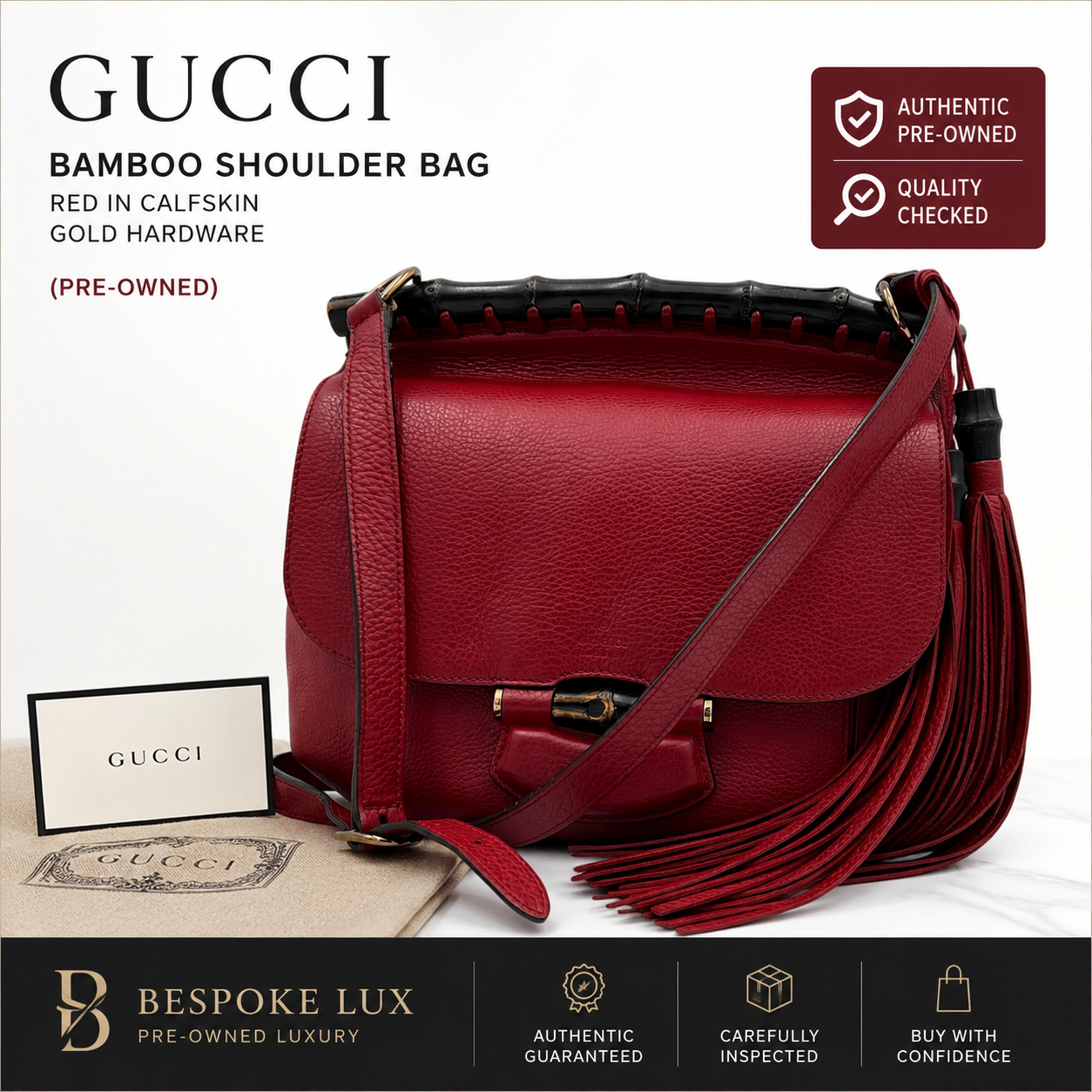 Gucci Bamboo Shoulder Bag Red in Calfskin with Gold Hardware (Pre-Owned)