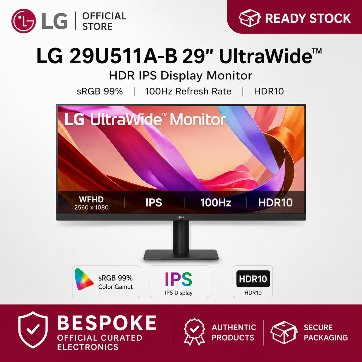 LG 29U511A-B 29" UltraWide™ HDR IPS Display Monitor | sRGB 99% | 100Hz Refresh Rate | HDR10
