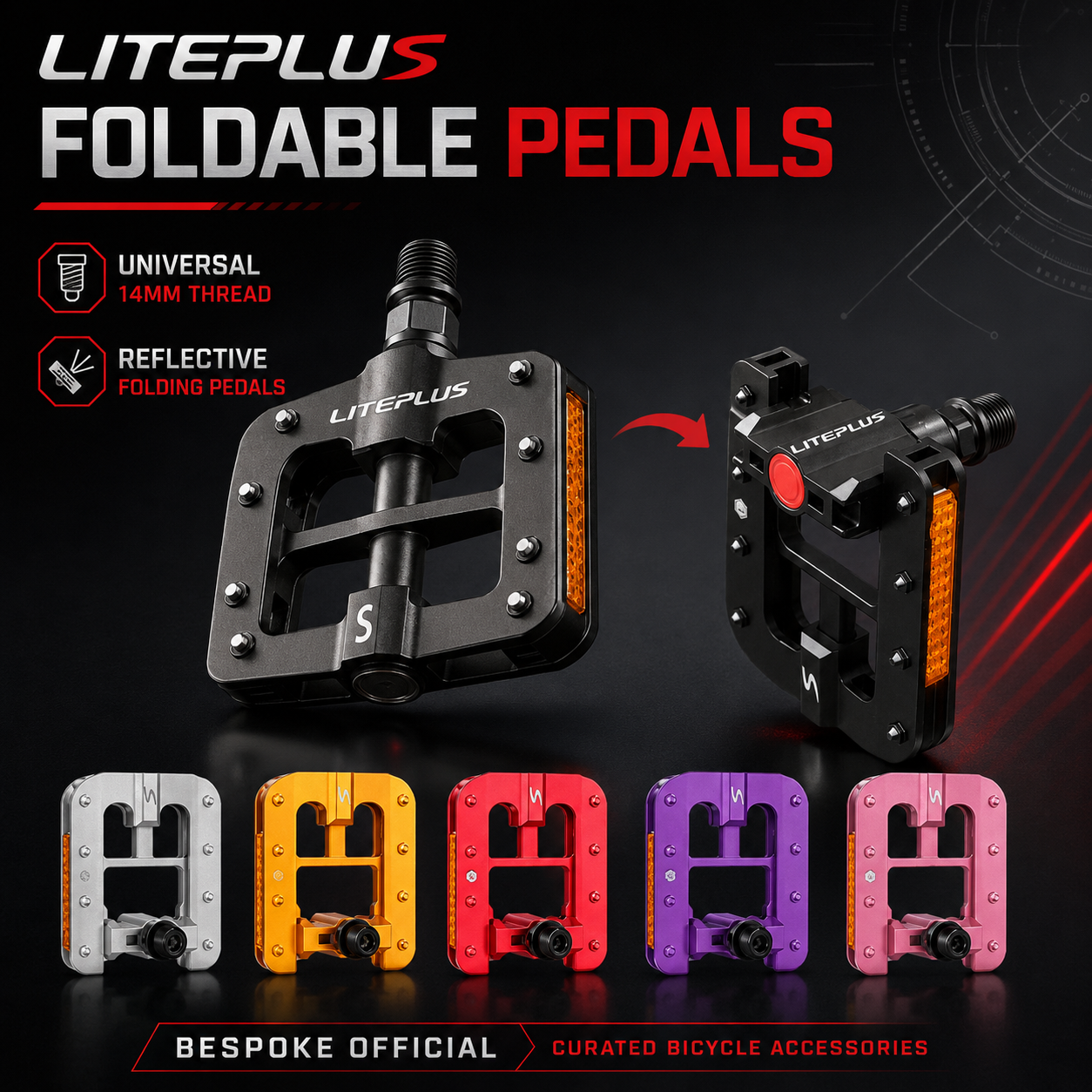 Liteplus Foldable Pedals – Universal 14mm Thread | Reflective Folding Pedals for BESPOKE BICYCLES