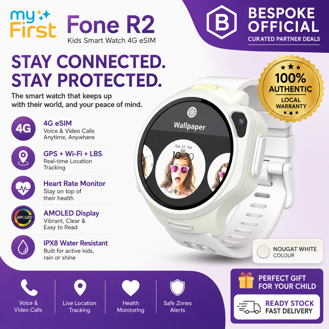 myFirst Fone R2 Kids Smart Watch 4G eSIM | 1.3” AMOLED | GPS | 5MP Camera | Heart Rate Monitor | Nougat White
