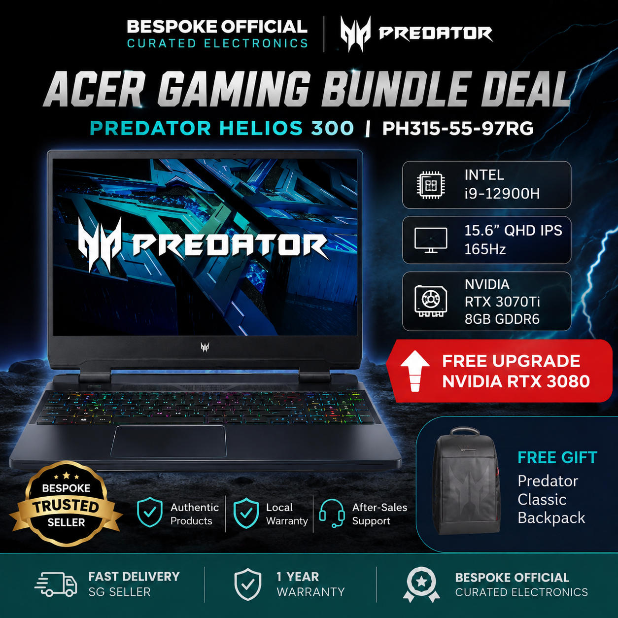 🔥ACER Gaming Bundle Deal | Predator Helios 300 PH315-55-97RG 15.6" QHD IPS 165Hz Gaming Laptop | Free Back Pack | FREE UPGRADE TO NVIDIA RTX 3080][Intel i9-12900H] | Sealed Local Set🔥
