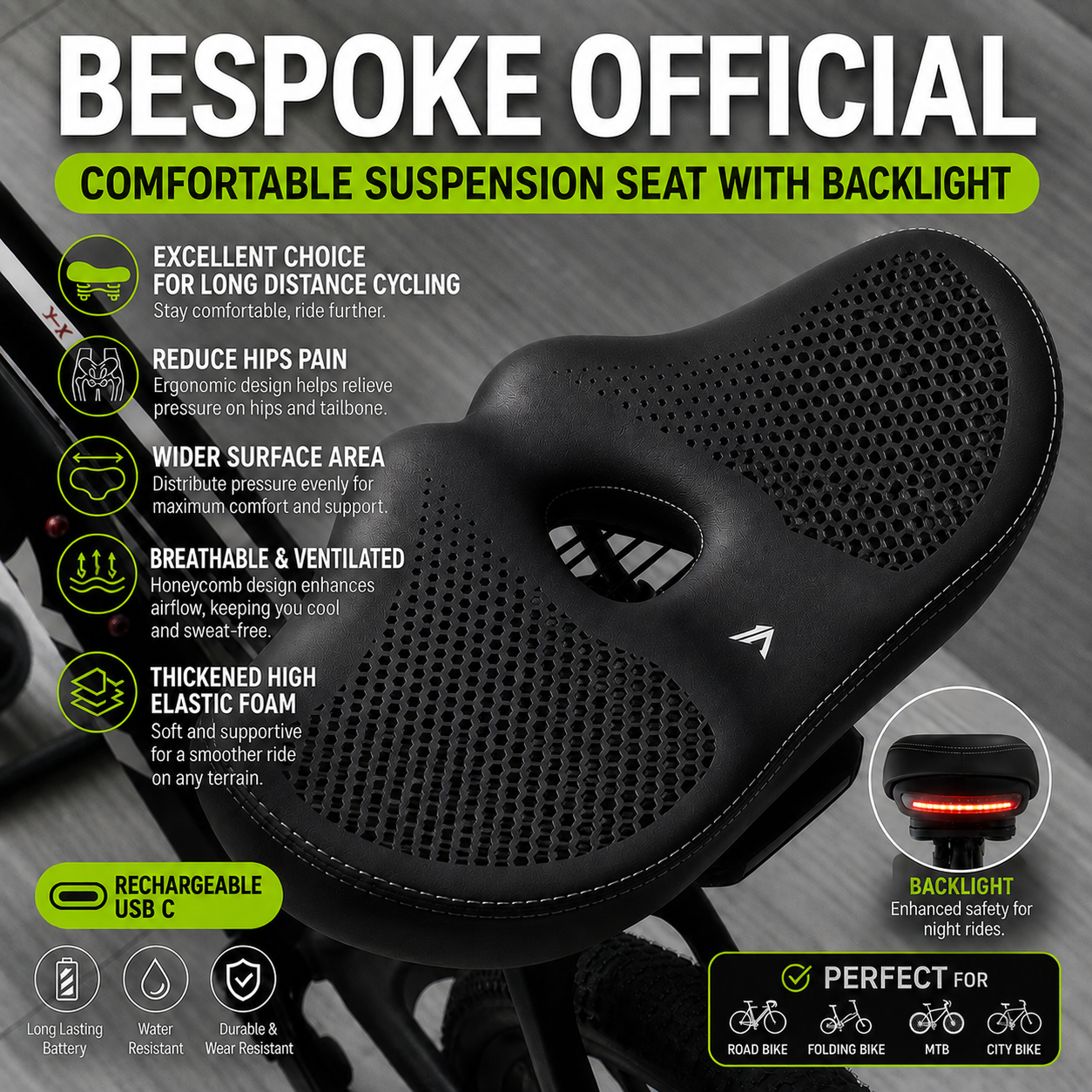 Ergonomic Suspension Bicycle Seat with USB-C Backlight - Black