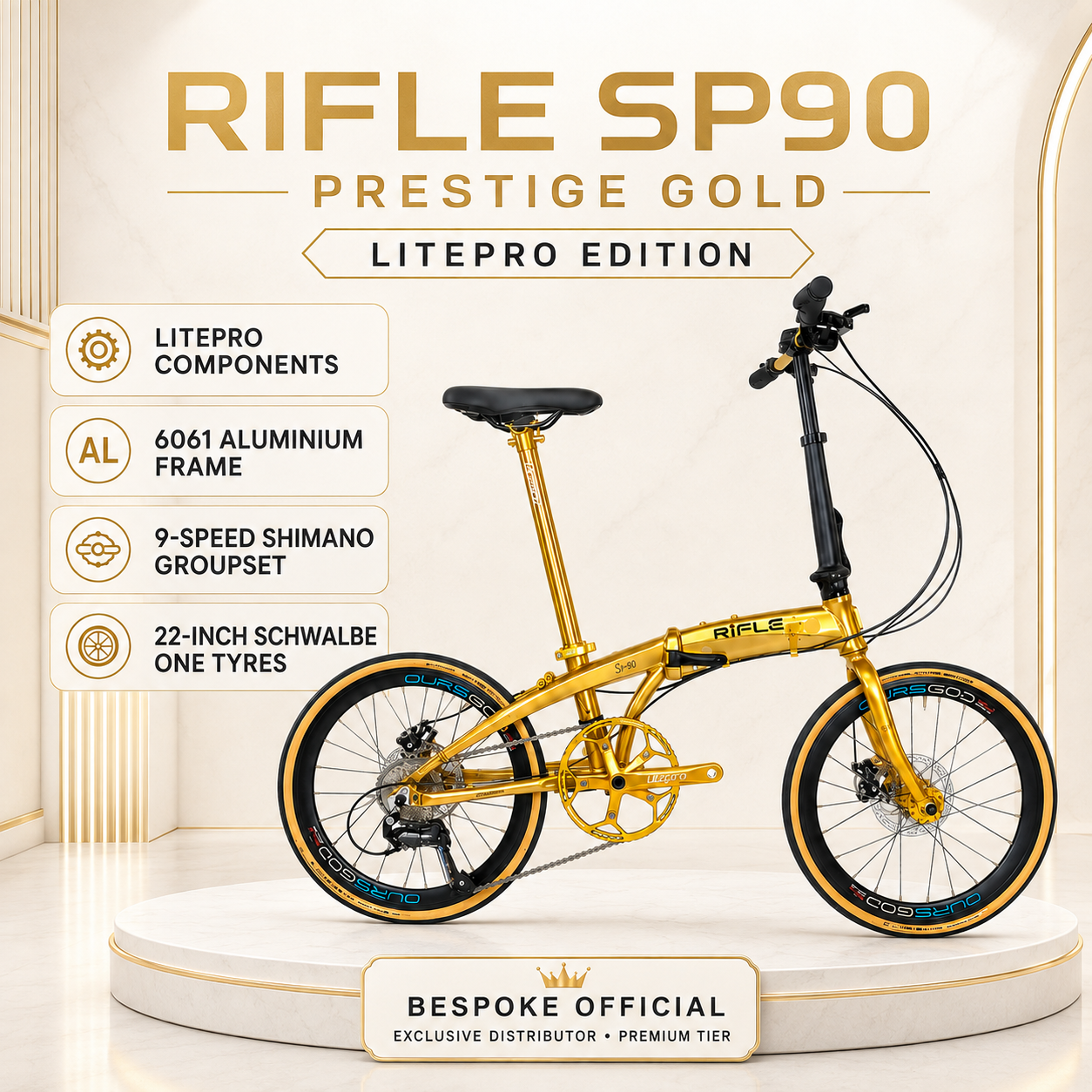 🔥 RIFLE SP90 Prestige Gold LITEPRO Edition | 6061 Aluminium | 9-Speed Shimano Altus | 451mm Schwalbe One Tyres 🔥